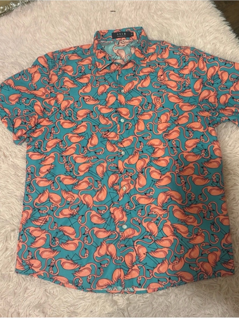 SSLR Short-Sleeve Flamingo Print Shirt in Teal and Coral